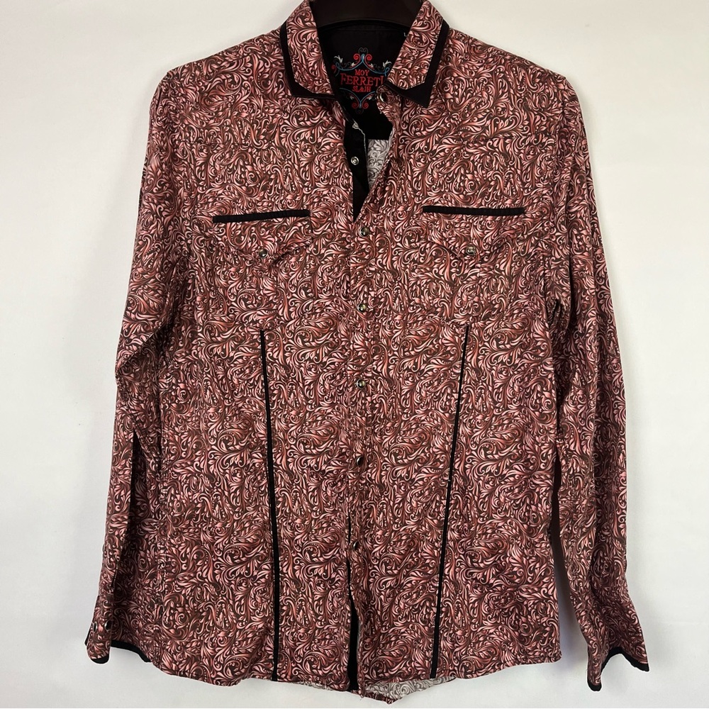 Moy Ferreti Maroon Filigree Shirt with Gray Pearl Snap Front Pockets Size Large